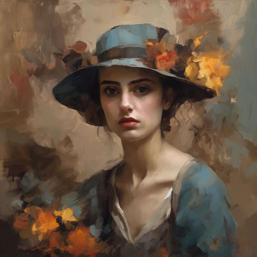 Ομορφη νεαρή γυναίκα με καπέλο και λουλούδια, πορτρέτο σε ζωγραφική στυλ, τέχνη και ζωή, καλλιτεχνική έκφραση και όραμα.