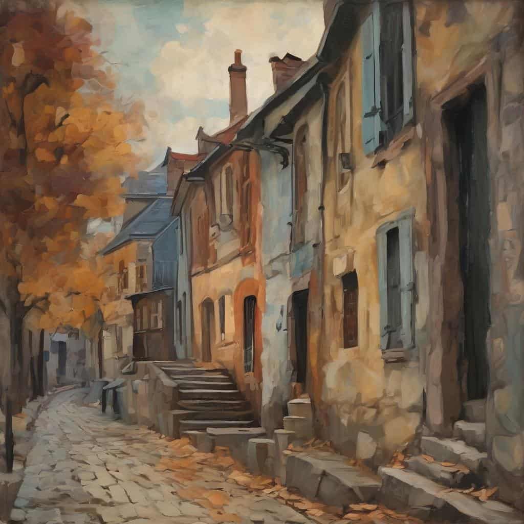 παλιά παραδοσιακά σπίτια, καλοδουλεμένη ζωγραφική, όμορφο τοπίο, καλλιτεχνική απεικόνιση, αστική αρχιτεκτονική.