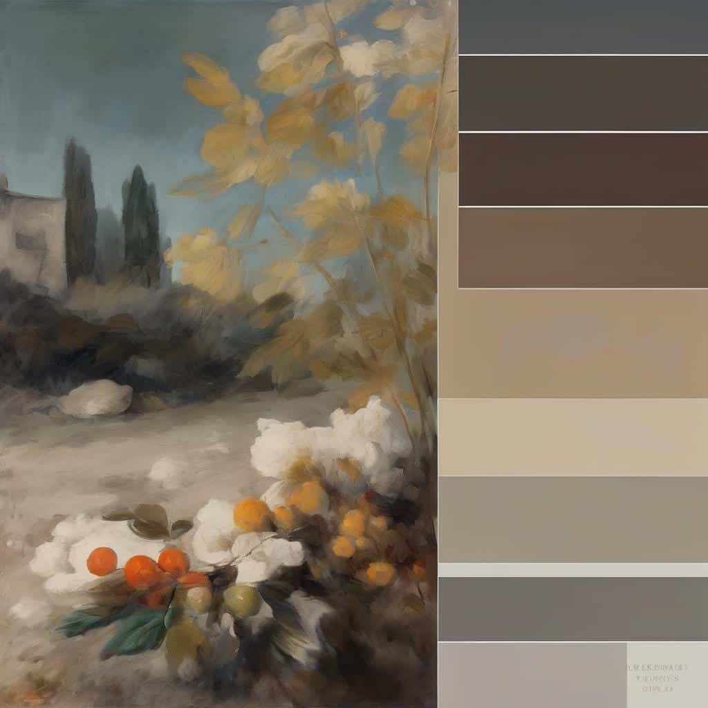 Παραδοσιακός ελαιογραφικός πίνακας με φθινοπωρινό τοπίο και λεμόνια.