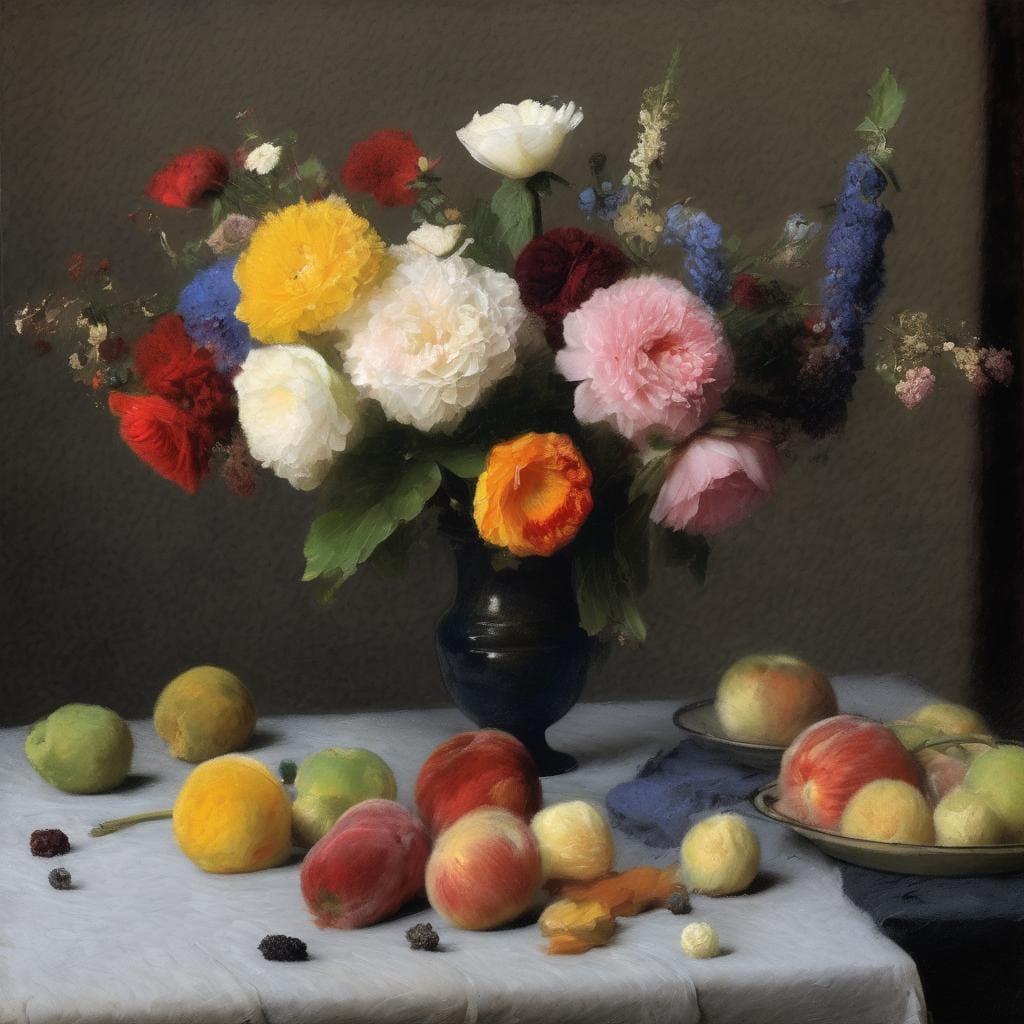 Ζουμ πορτρέτο πολύχρωμων λουλουδιών σε vintage βάζο, ζωηρά και αισθαντικά στοιχεία τέχνης.